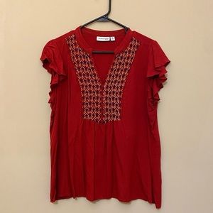 St. John’s Bay Deep Red Ruffle Short Sleeve Top Embroidered Indigo/Cream size L